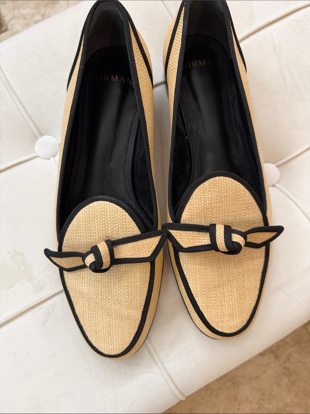Alexandre Birman Natural Raffia Loafers with Black Trim and Knot